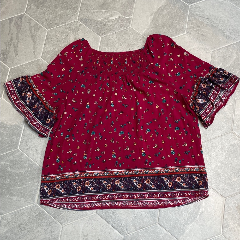 Caffé Marrakesh Maroon Floral Blouse --  Size Large - Picture 6 of 8